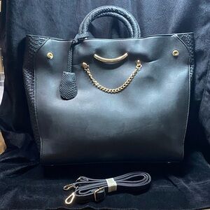 Large Black Tote with Gold Accents and Crossbody Strap NWOT